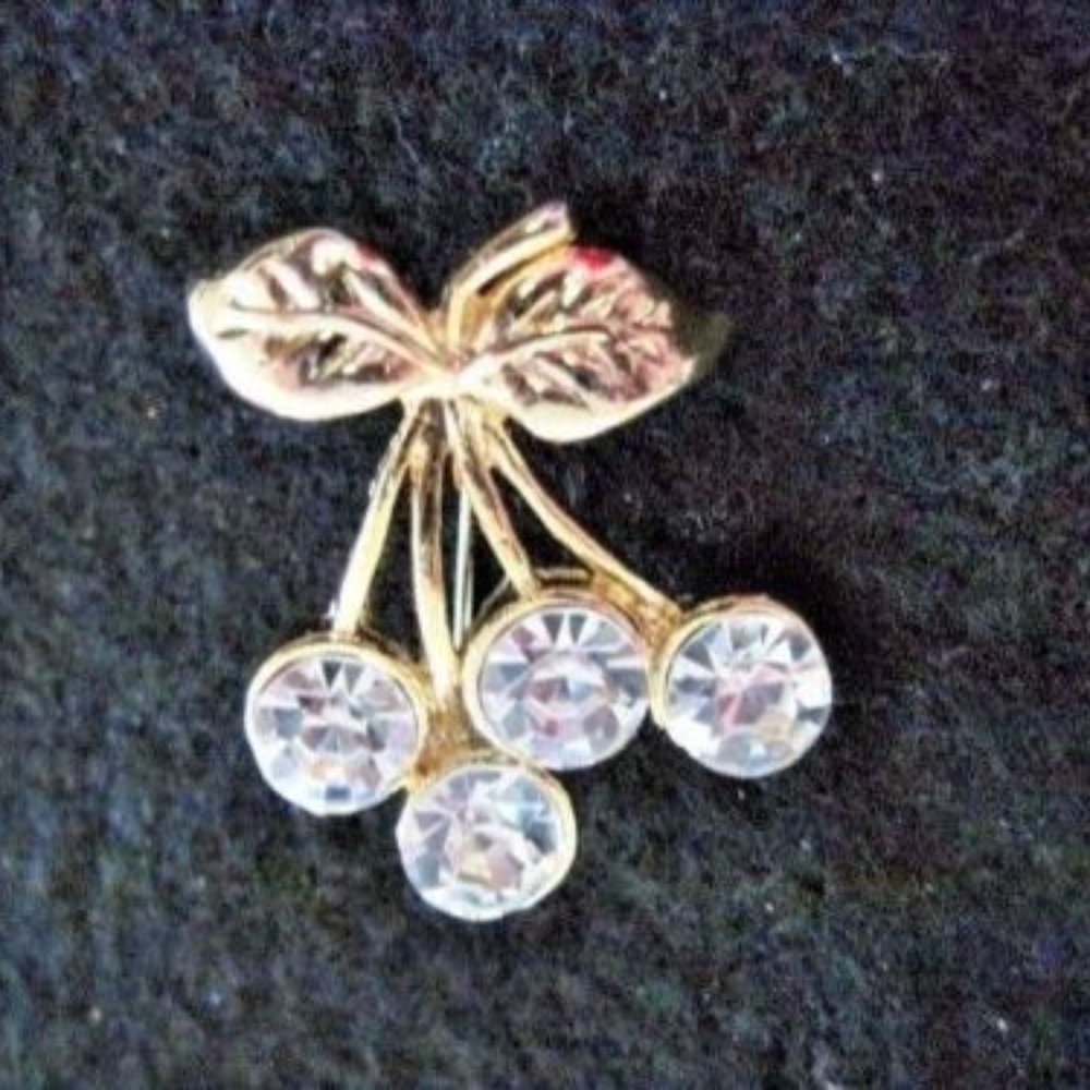 FLASH SALE Swarovski Swan Signed Gold Tone and Clear Crystal Cherry Brooch